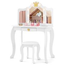 Kids Vanity Set Princess Vanity Table & Chair Set w/Lighted Mirror-White