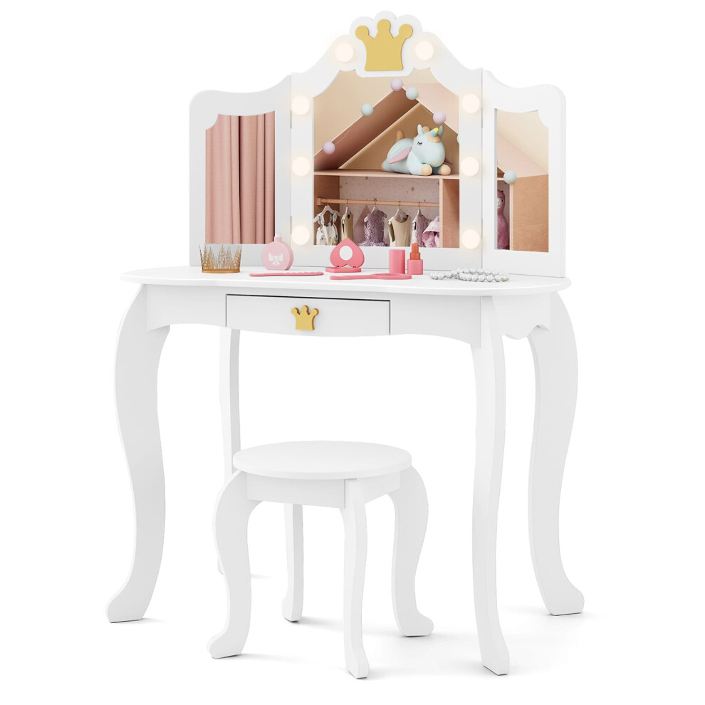 Kids Vanity Set Princess Vanity Table & Chair Set w/Lighted Mirror-White