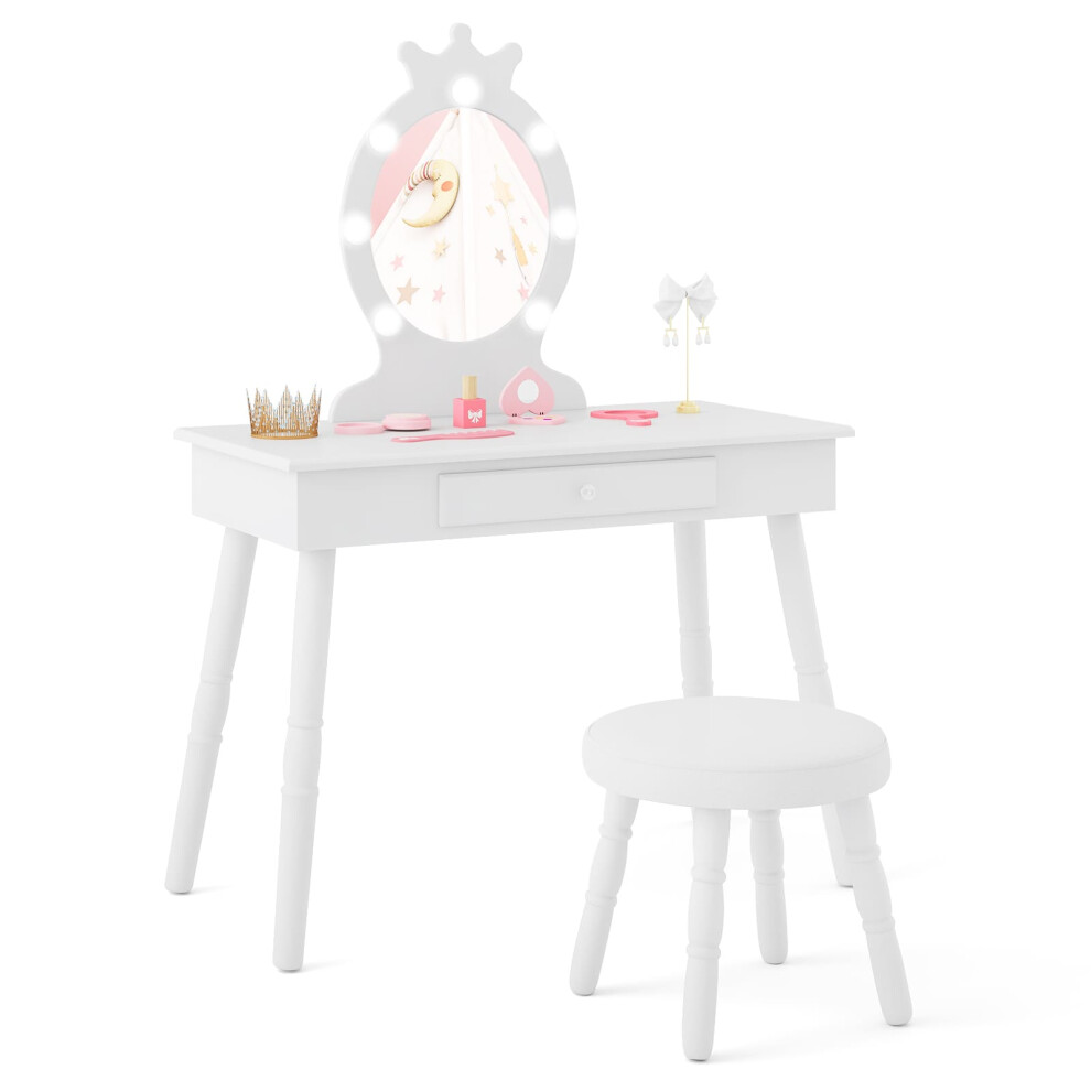 Princess Vanity Table & Chair Set Kids Vanity Set w/Lighted Mirror-White