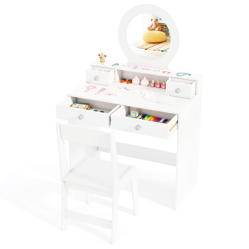 Kids Vanity Set Princess Makeup Dressing Desk and Chair w/Mirror-White