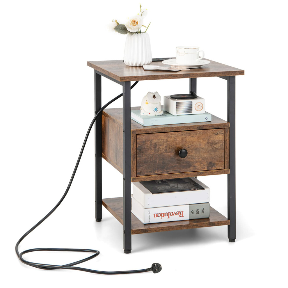 Costway 3-Tier Nightstand Bedside Sofa Side Tables W/ Charging Station