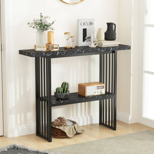 Costway 2-tier Console Table Sofa Table Modern Entryway Table-Black 2