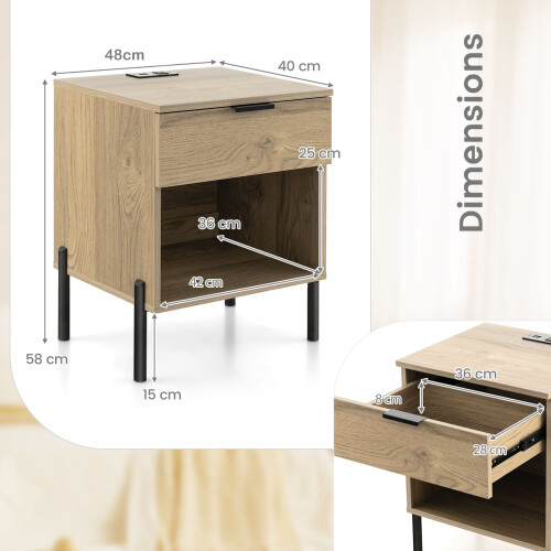 Costway Mid Century Modern Nightstand Bed Side Table w/Charging Station-Natural 1