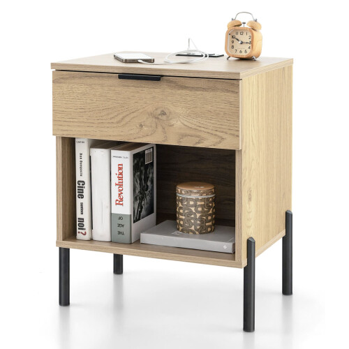 Costway Mid Century Modern Nightstand Bed Side Table w/Charging Station-Natural