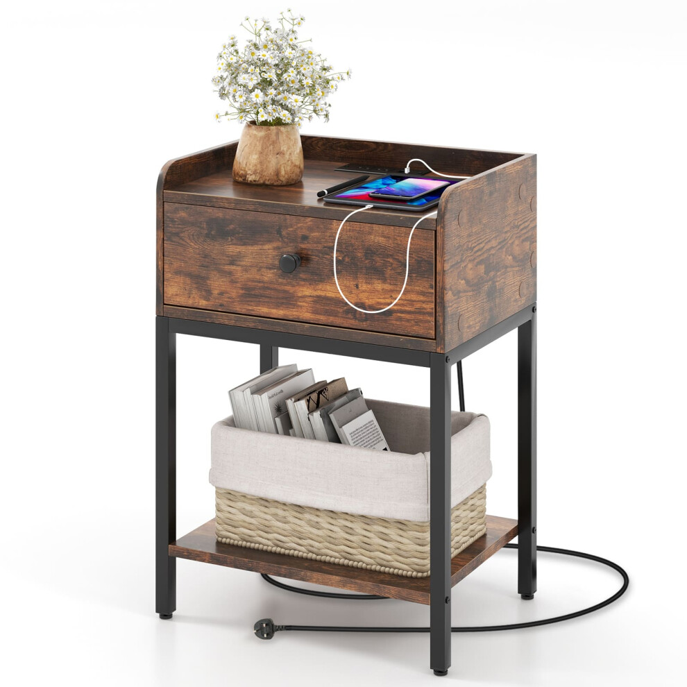 Costway Nightstand Industrial Bedside Table With Charging Station And Usb Ports