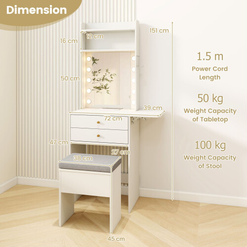 Costway Small Makeup Vanity Desk Dressing Table Set with Mirror and Lights 2