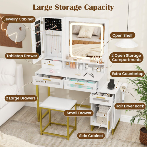Costway Modern Vanity Set Dressing Table and Chair Set w/ Adjustable Brightness 2
