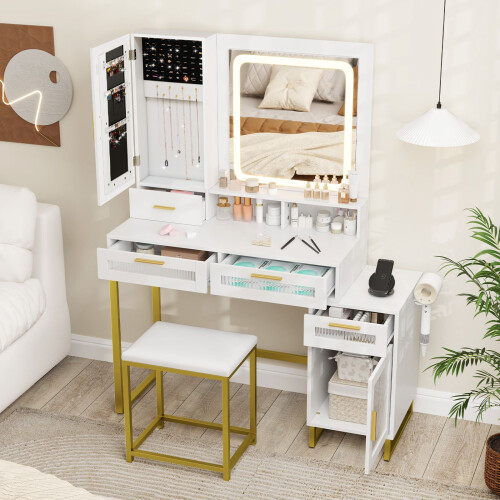 Costway Modern Vanity Set Dressing Table and Chair Set w/ Adjustable Brightness 1