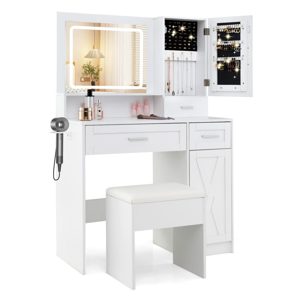 Makeup Vanity Desk Farmhouse Dressing Table & Stool Set w/ Drawers