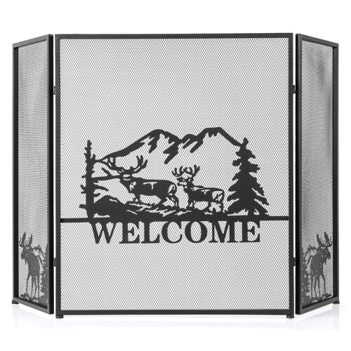 Costway 3-Panel Fireplace Folding Spark Guard Screen Decorative Mesh Fireplace Barrier