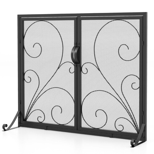 Costway Double Door Fireplace Screen Foldable Spark Guard Metal Mesh Fire Freestanding