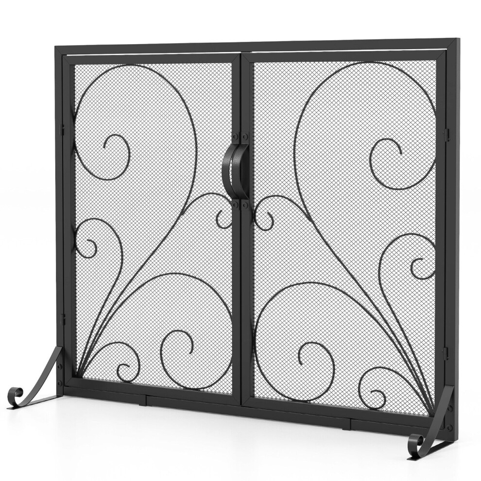 Double Door Fireplace Screen Foldable Spark Guard Metal Mesh Fire Freestanding