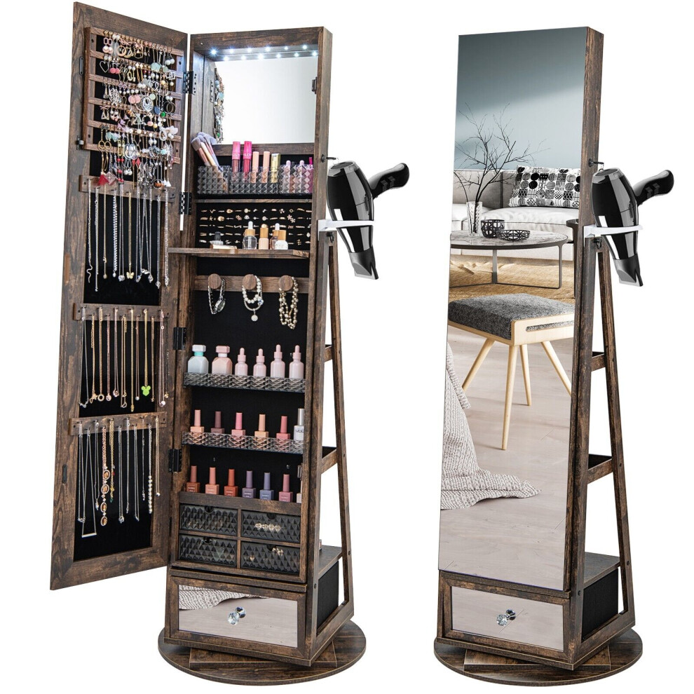 4 IN 1 Swivel Jewelry Cabinet Lockable Jewelry Armoire w/ Full-Length Mirror