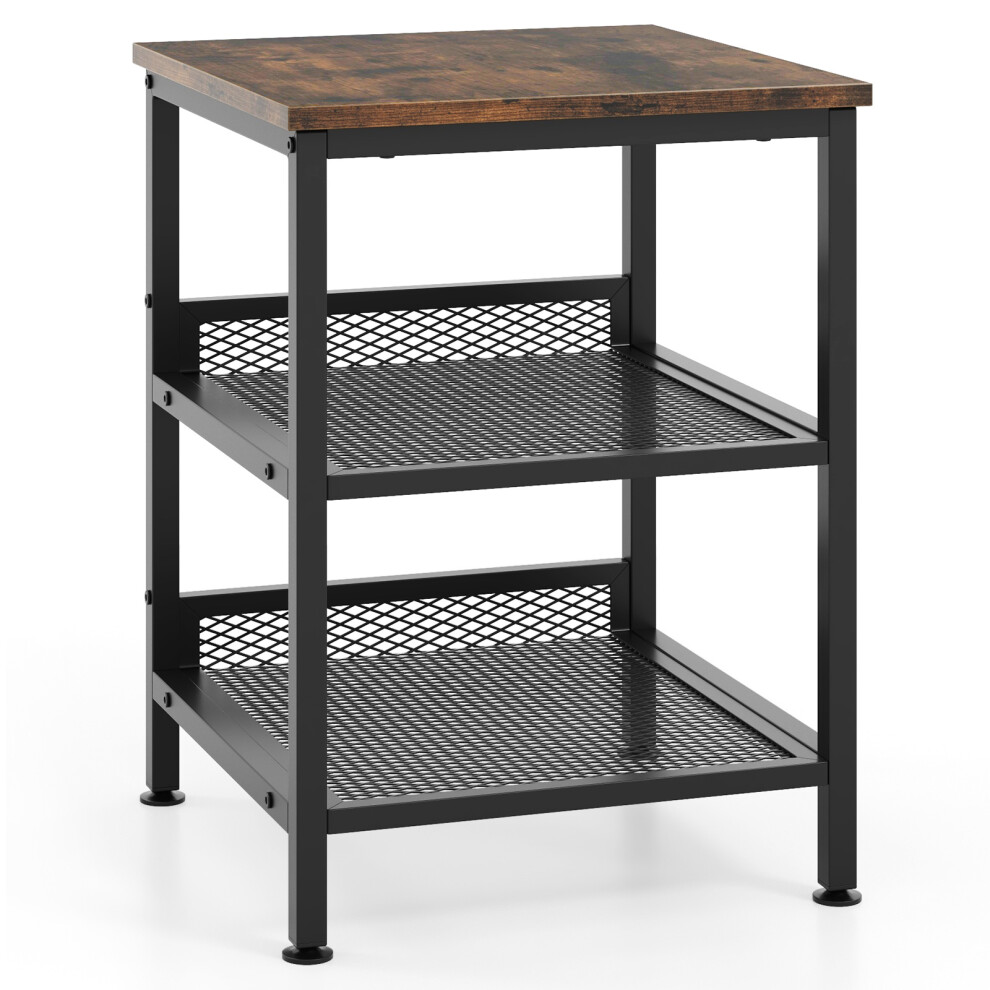 3-Tier End Table Industrial Square Telephone Table Mesh Storage Shelves