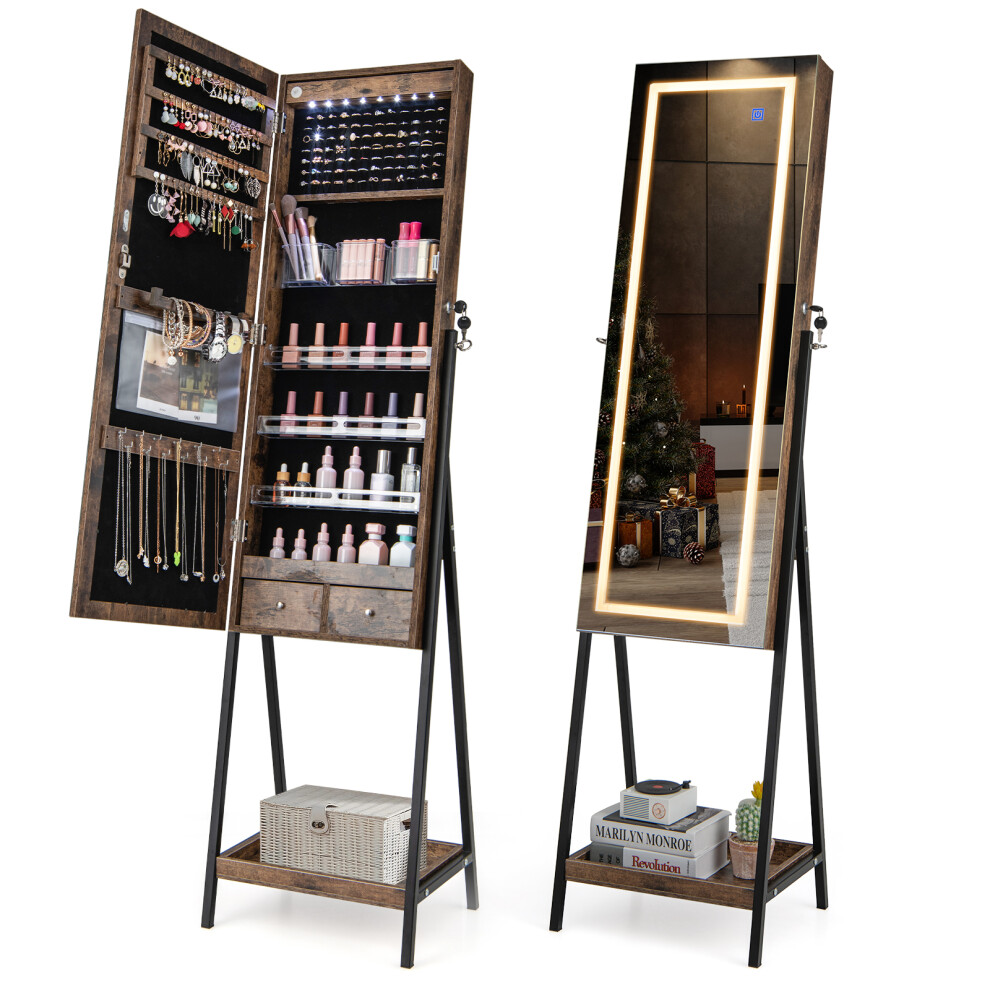 LED Standing Jewelry Mirror Cabinet, 63"H Lockable Jewelry Armoire Organizer