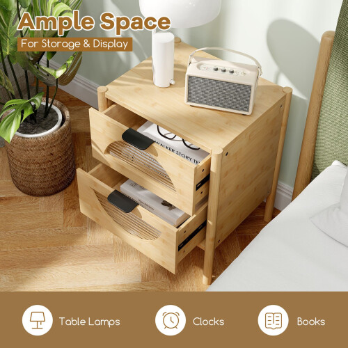 Costway Bamboo Nightstand Mid-century Modern Bedside Table 2