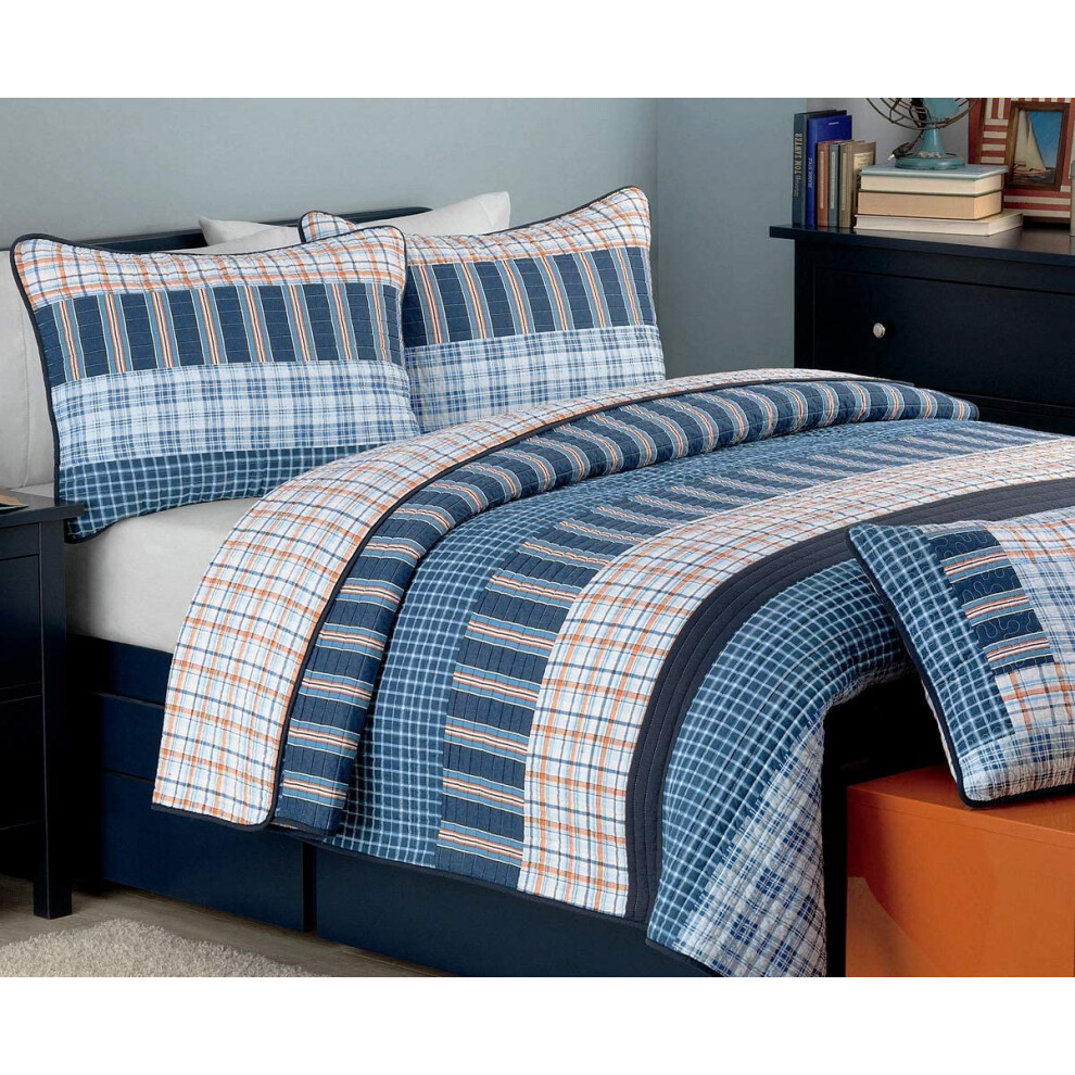 Cozy Line Home Fashions Bennett Quilt Bedding Set Navy Orange Grid Striped 100% Cotton Reversible Coverlet Bedspread Navy Orange Queen - 3 Piece