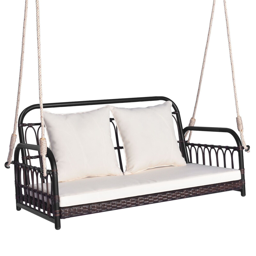 2-Person Patio Wicker Swing Chair Hanging Outdoor Swing Bench w/Cushions