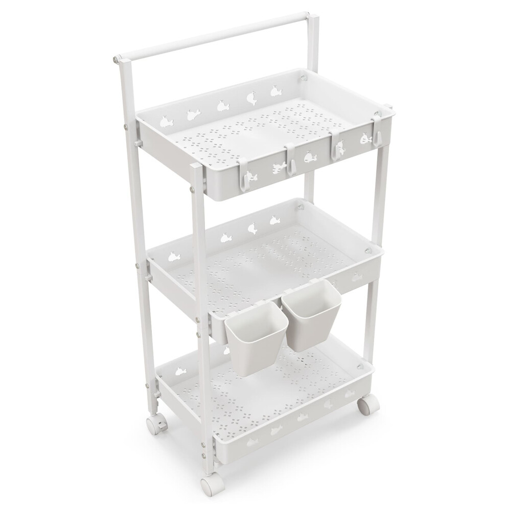 3-Tier Rolling Storage Cart Utility Cart with 2 Hanging Cups & 4 Hooks