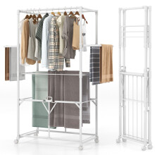 H-shaped Clothes Drying Rack Collapsible Hanging Dryer Stand w/2 Folding Shelves