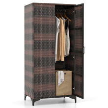 Wicker Wardrobe PE Rattan Wardrobe Armoire Closet w/ Hanging Rod-Coffee