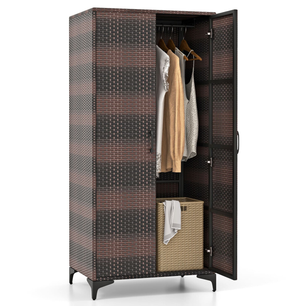 Wicker Wardrobe PE Rattan Wardrobe Armoire Closet w/ Hanging Rod-Coffee