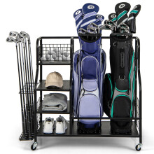 5-In-1 Golf Bag Storage Organizer Rolling Golf Bag Stand w/Storage-Black