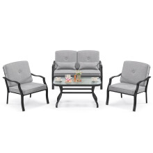 4 pcs Patio Conversation Set Outdoor Furniture Coffee Table Cushion Chair Bench