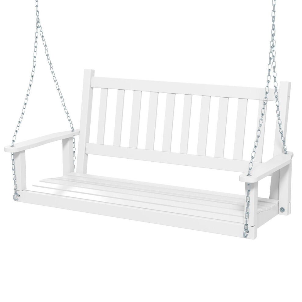 2-Person Porch Hanging Swing Chair Wooden Garden Swing Bench w/Back-White