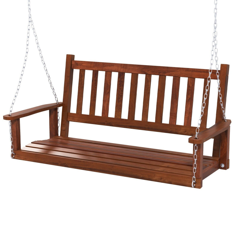 2-Person Porch Hanging Swing Chair Wooden Garden Swing Bench w/Back-Brown
