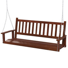 3-Person Porch Hanging Swing Chair Wooden Garden Swing Bench with Slatted Back