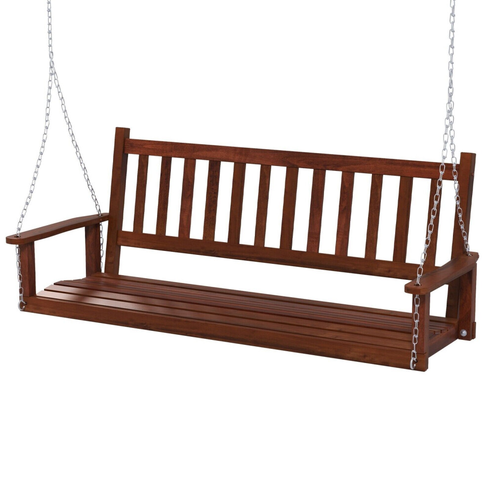 3-Person Porch Hanging Swing Chair Wooden Garden Swing Bench with Slatted Back