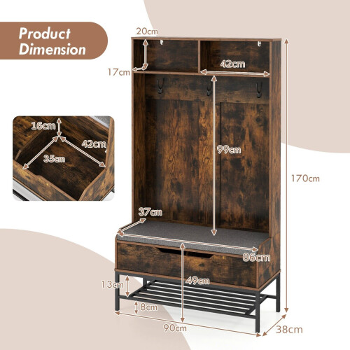 Casart 170cm Tall Hall Tree 4-in-1 Coat Rack Freestanding Entryway Bench 1
