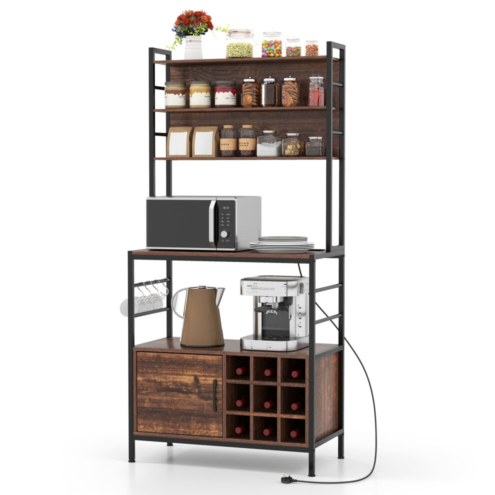 Bakers Rack Coffee Bar Cabinet w/ Heavy-Duty Metal Frame Rustic Brown