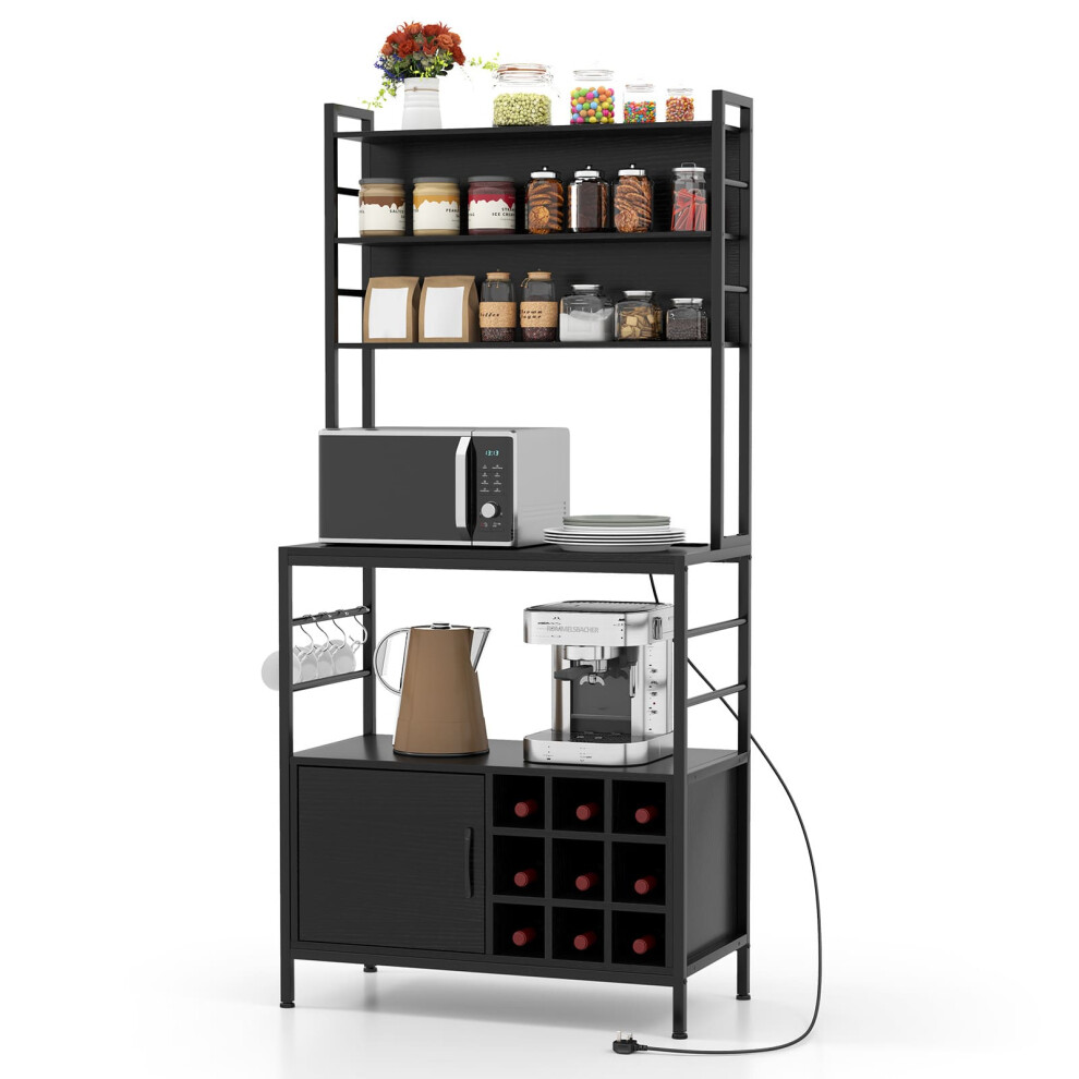 Bakers Rack Coffee Bar Cabinet w/ Heavy-Duty Metal Frame Black