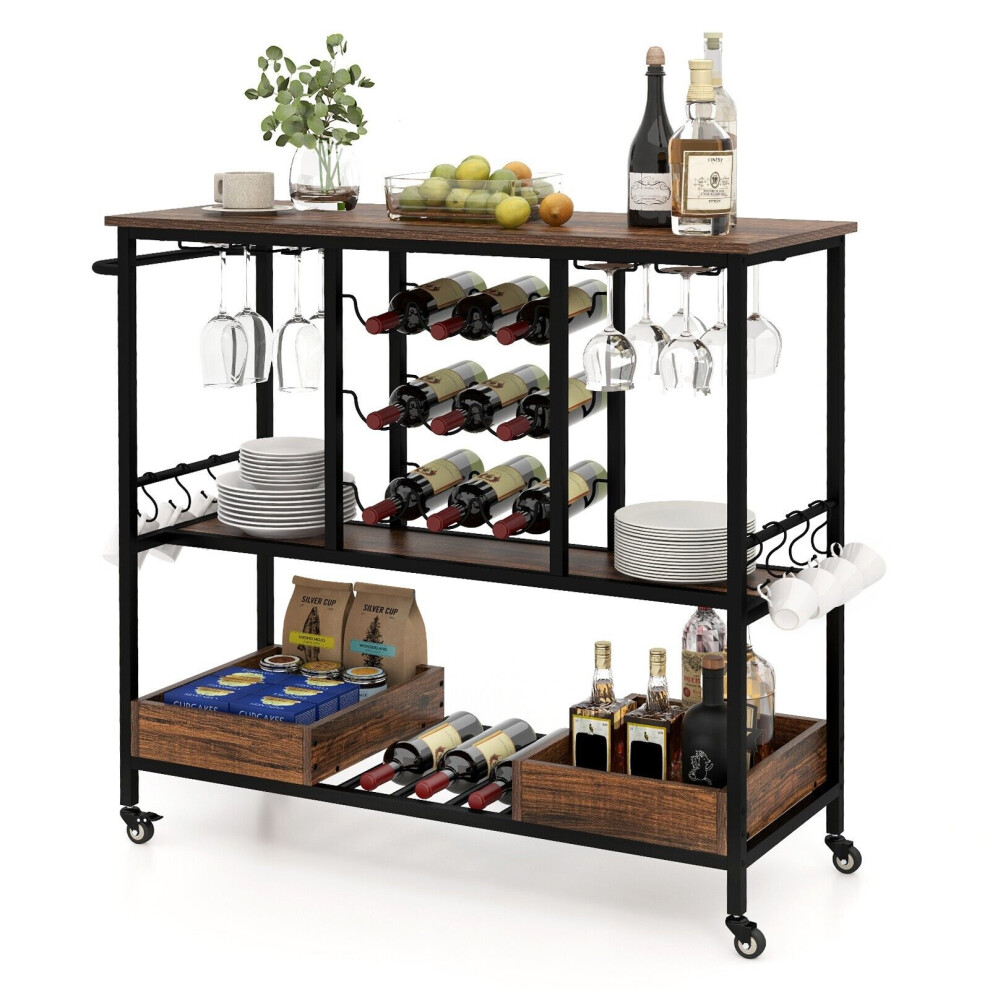 3 Tiers Bar Cart Home Serving Cart Industrial Rolling Beverage Cart
