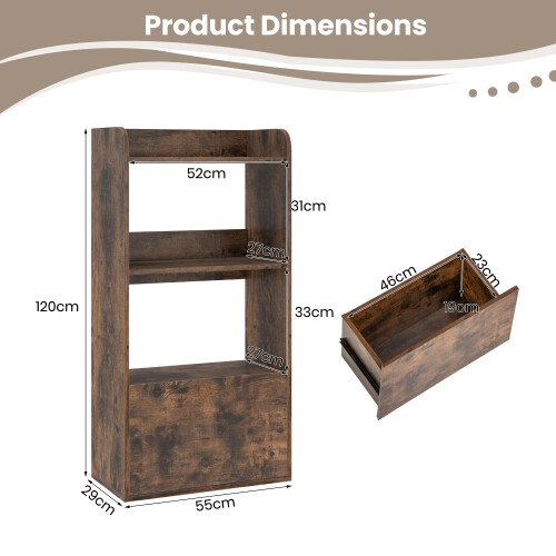 Casart Bookcase with Drawer Freestanding Bookshelf w/ 3-Tier Open Shelf Rustic Brown 2