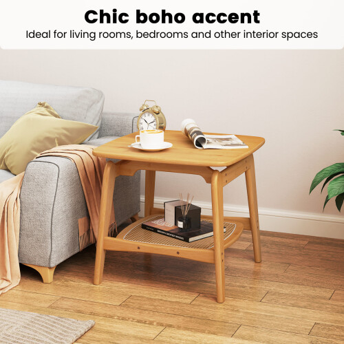 Casart Side Table Bamboo Sofa Side Table w/Faux Rattan Storage Shelf-Natural 1