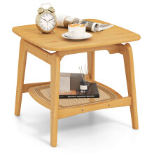 Side Table Bamboo Sofa Side Table w/Faux Rattan Storage Shelf-Natural