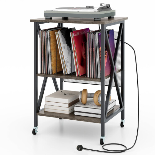 Casart Record Player Stand Turntable Stand Vinyl Storage Cabinet Grey