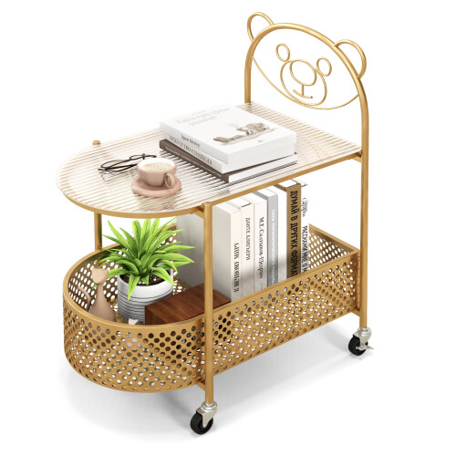 Casart Mobile Glass Coffee Table 2-Tier Modern Cocktail Table-Golden