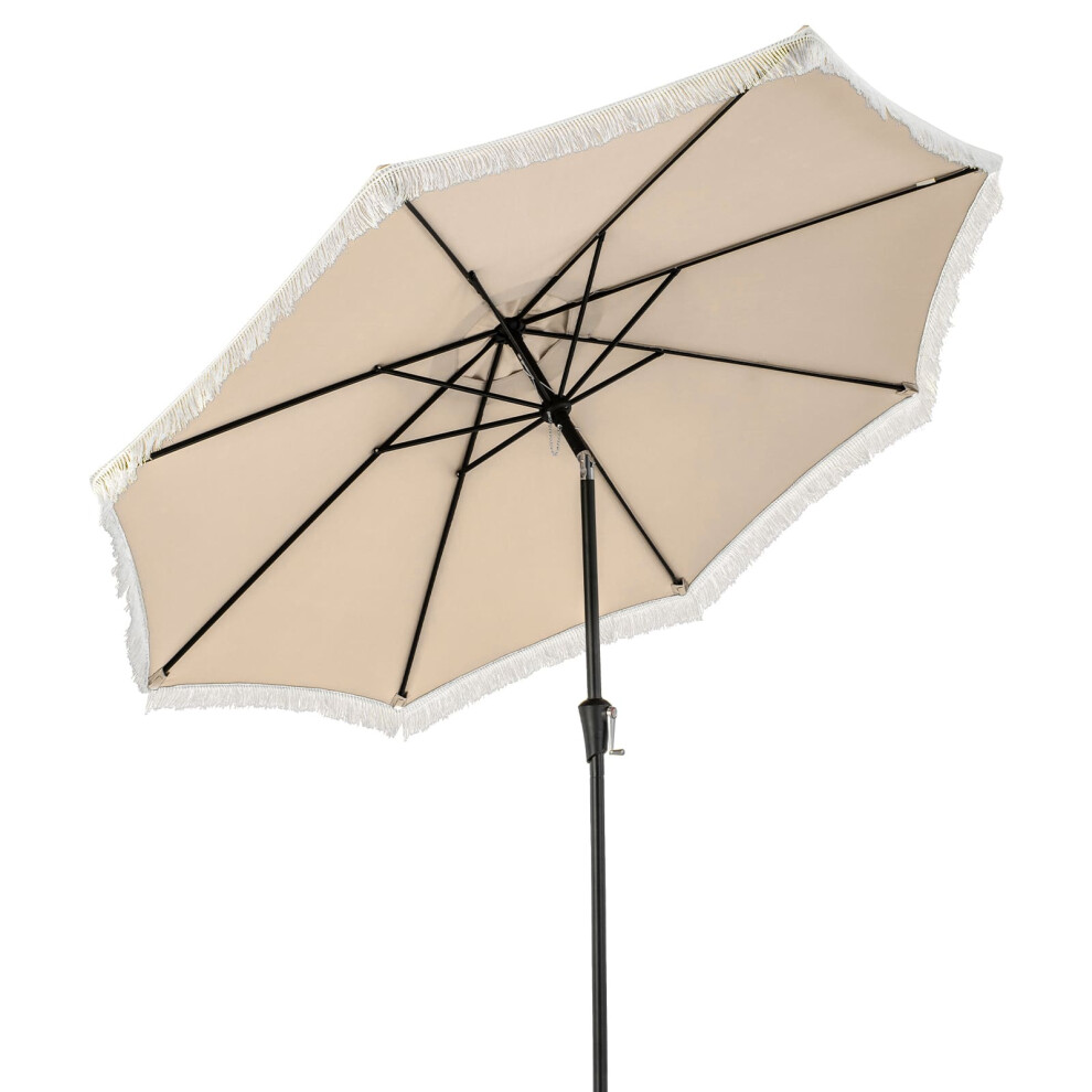 9 FT Patio Umbrella Outdoor Tassel Umbrella with Push Button Tilt Beige