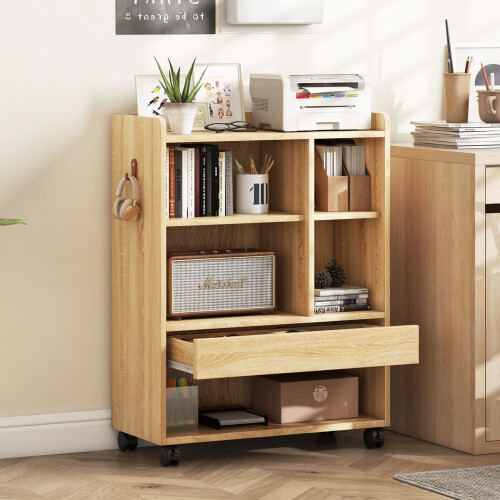 Casart Mobile Storage Cabinet Floor Storage Organizer w/Drawer-Natural 2