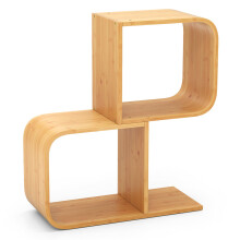 2-Tier S-Shaped Bookcase Bamboo Bookshelf w/2 Open Cubes-Natural