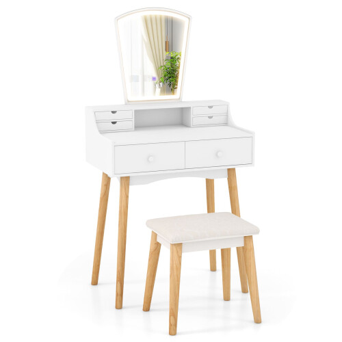 Casart Vanity Dressing Table and Chair Set Set w/Mirror and Lights-White