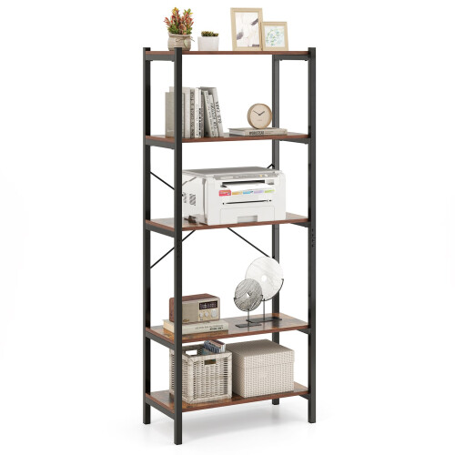 Casart 5-Tier Bookshelf Bookcase Display Rack with Metal Frame-Coffee