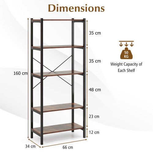 Casart 5-Tier Bookshelf Bookcase Display Rack with Metal Frame-Coffee 1