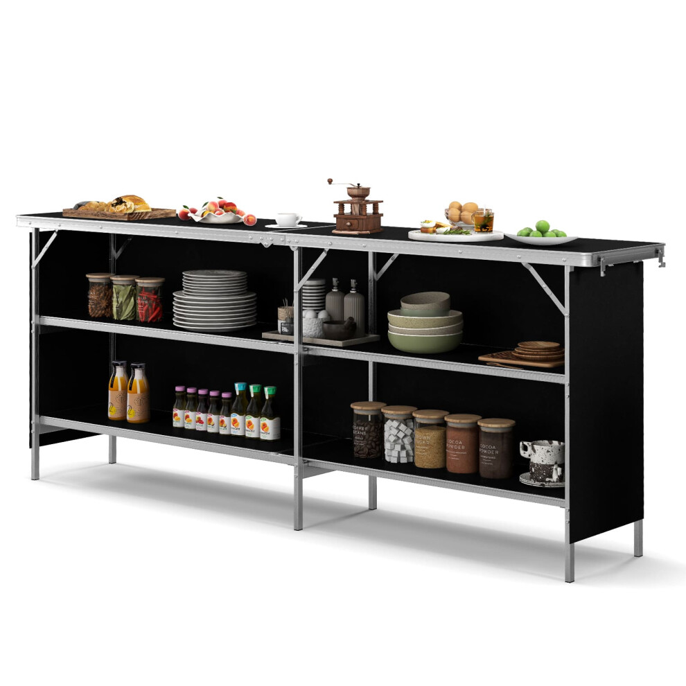 Folding Camping Table Aluminum Portable Picnic Table w/Shelves-Black