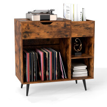 Record Player Stand Wooden Turntable End Table with Built-In Power Strip