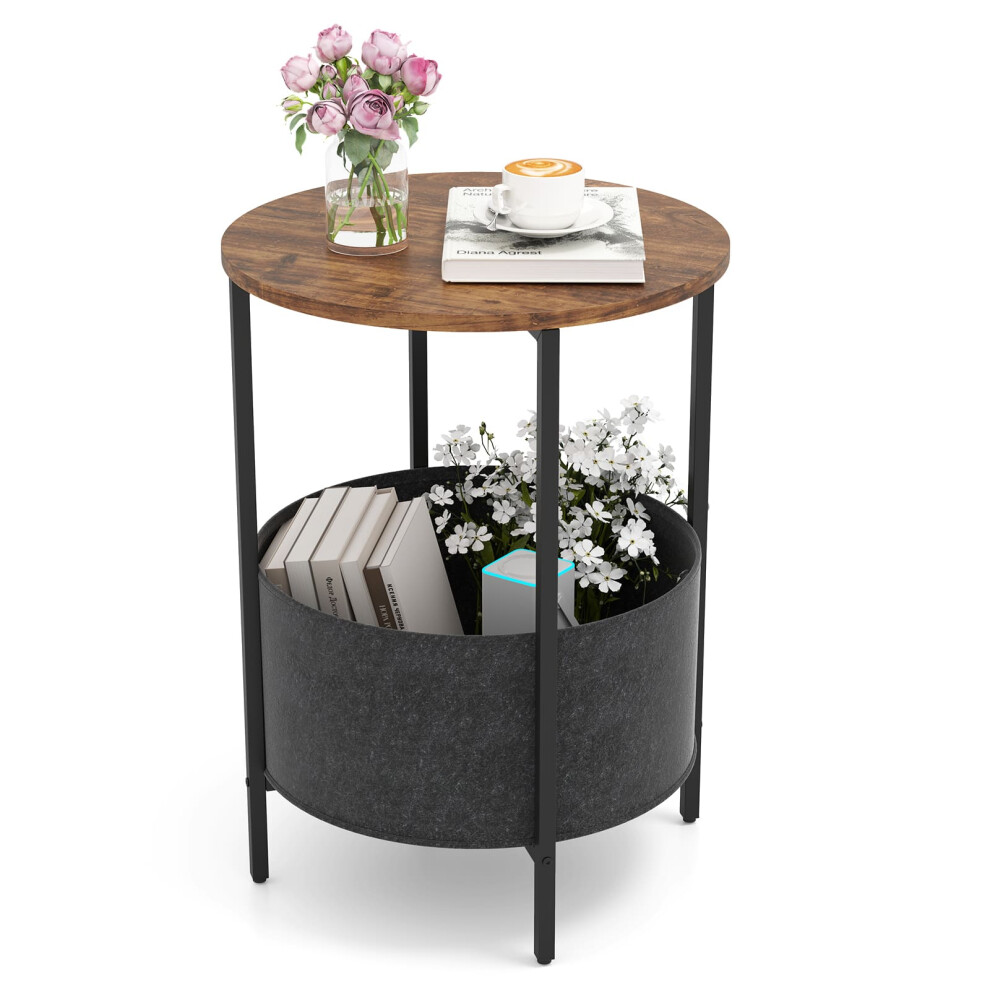 2-Tier Side Table Round End Table w/ Removable Fabric Basket & Metal Frame